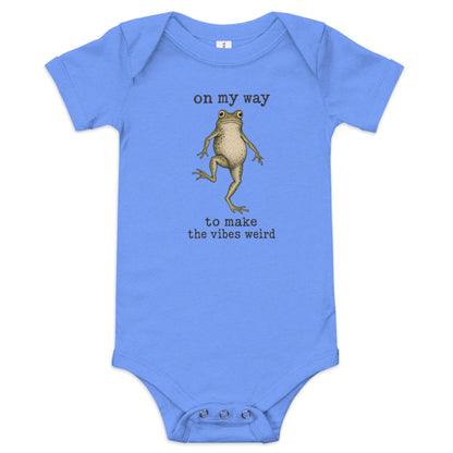 On My Way to Make the Vibes Weird Baby Onesie in Heather Columbia Blue, front