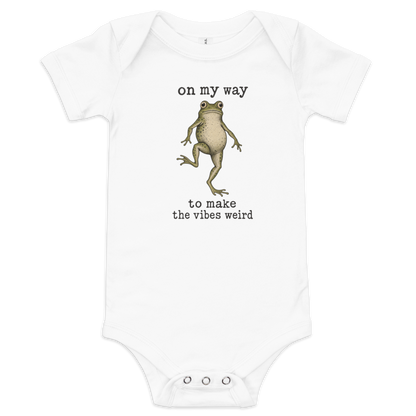 On My Way to Make the Vibes Weird Baby Onesie in White, front