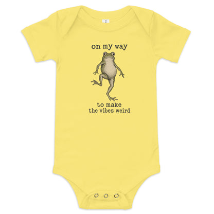 On My Way to Make the Vibes Weird Baby Onesie in Yellow, front