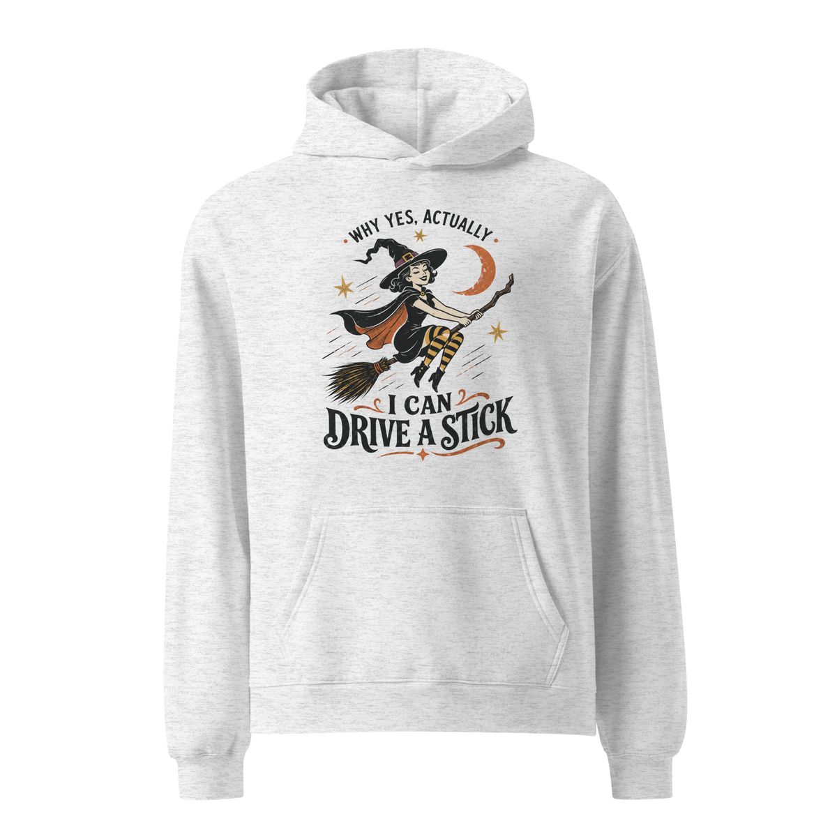 Drive a Stick Witch Relaxed Fit Hoodie - White Heather