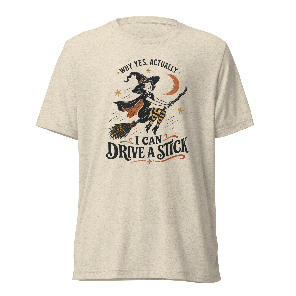 Drive a Stick Witch Lightweight T-Shirt - Oatmeal Triblend