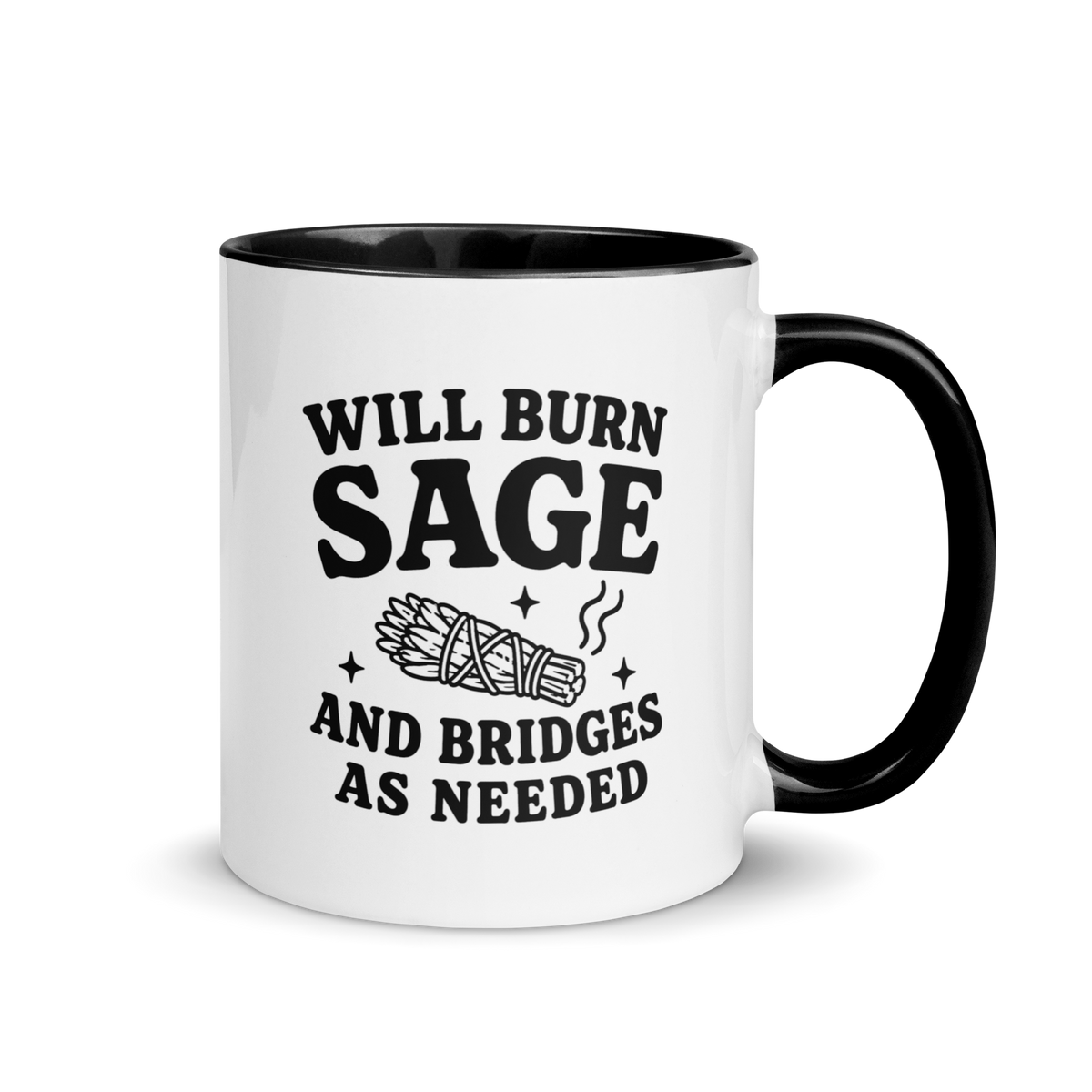 Will Burn Sage & Bridges as Needed Colored Mug – Black 11 oz, handle on right