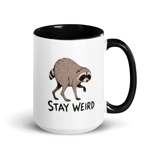 Jimothy: Stay Weird Colored Mug – Black 15 oz, handle on right