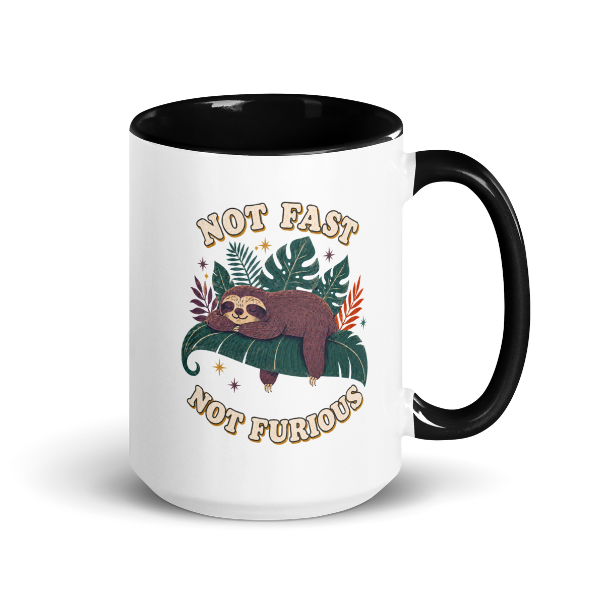 Not Fast Not Furious Colored Mug – Black 15 oz, handle on right