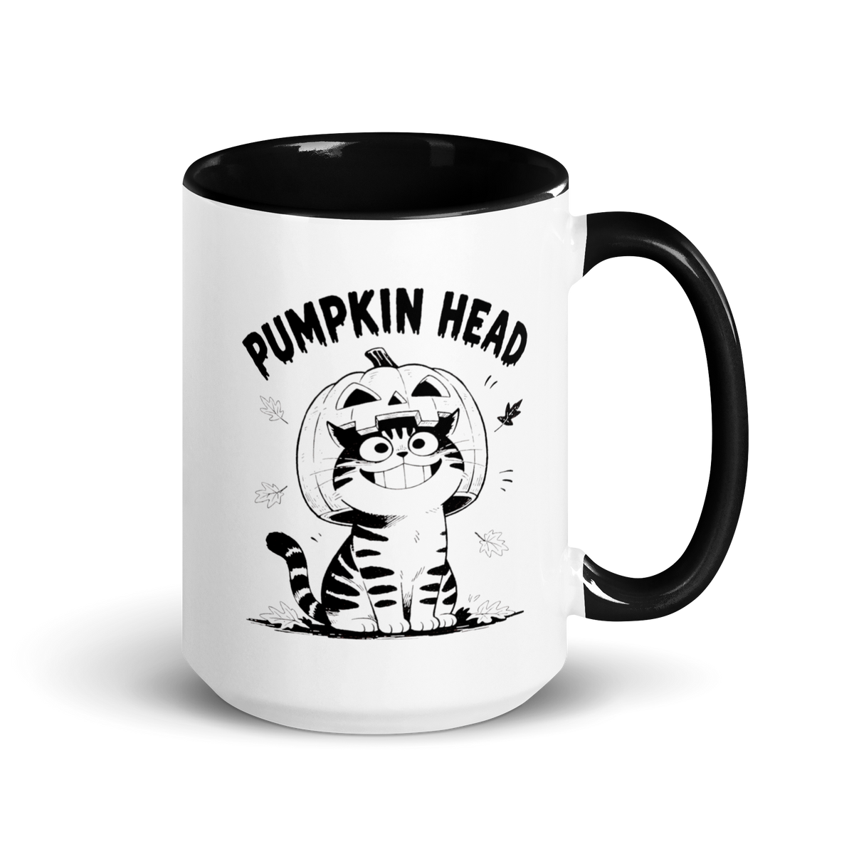 Pumpkin Head Colored Mug – Black 15 oz, handle on right