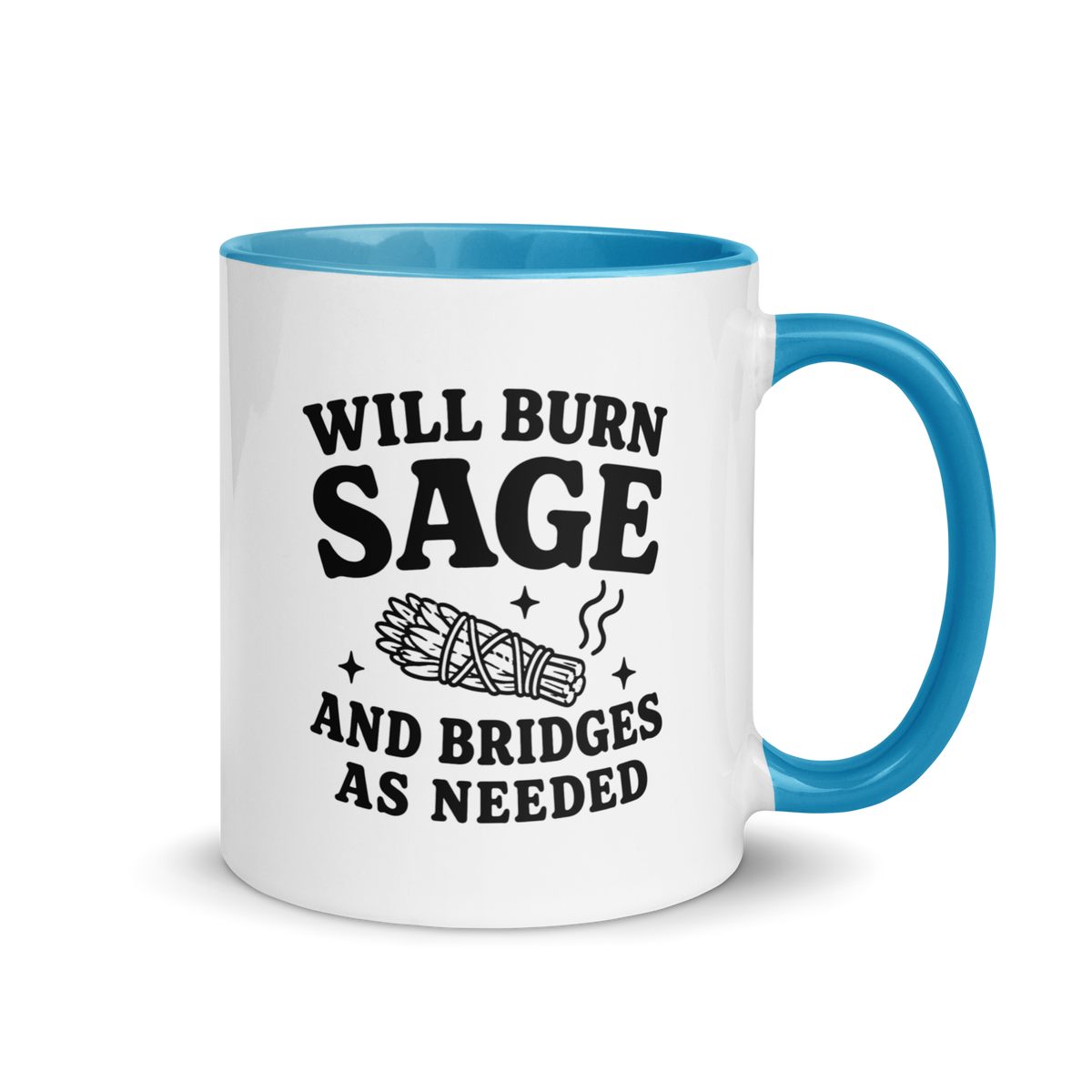 Will Burn Sage & Bridges as Needed Colored Mug – Blue 11 oz, handle on right