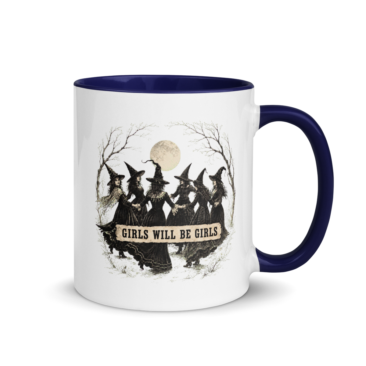 Girls Will Be Girls Colored Mug – Dark Blue 11 oz, handle on right