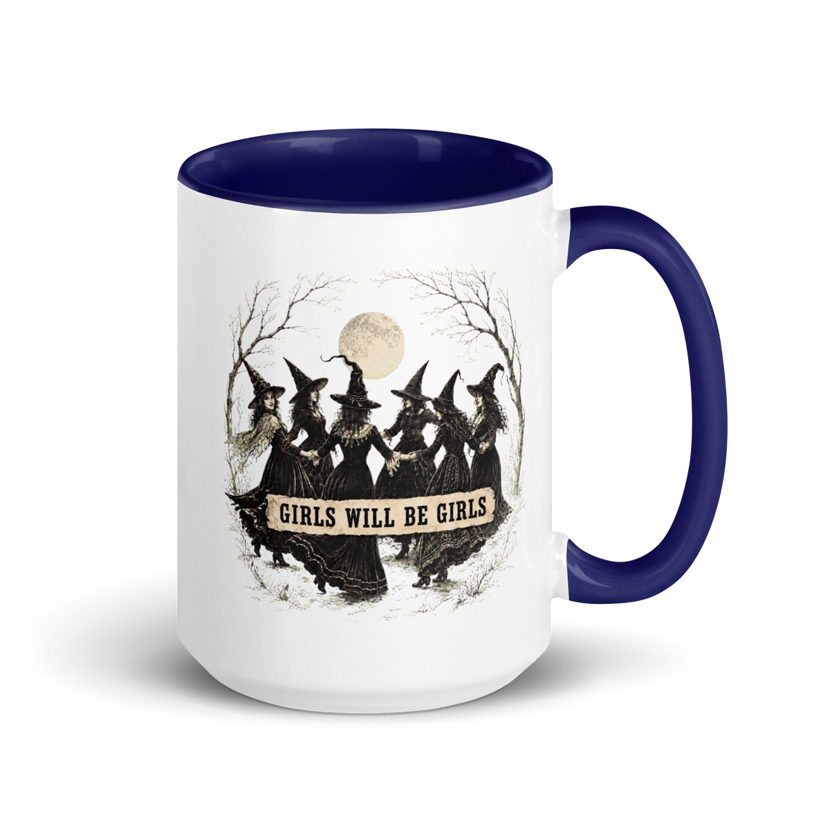 Girls Will Be Girls Colored Mug – Dark Blue 15 oz, handle on right