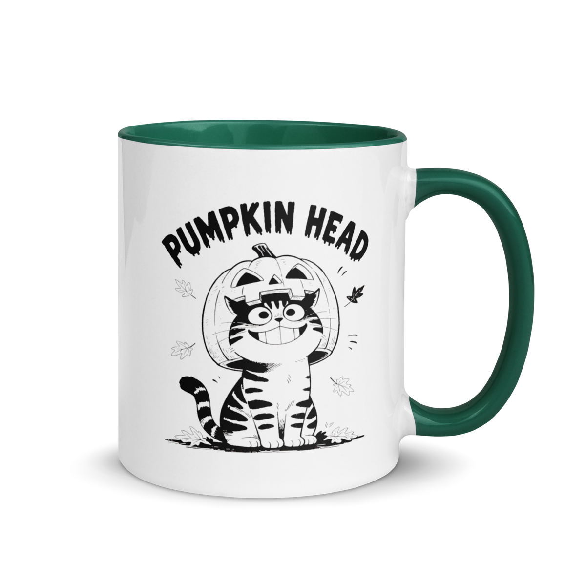 Pumpkin Head Colored Mug – Dark Green 11 oz, handle on right