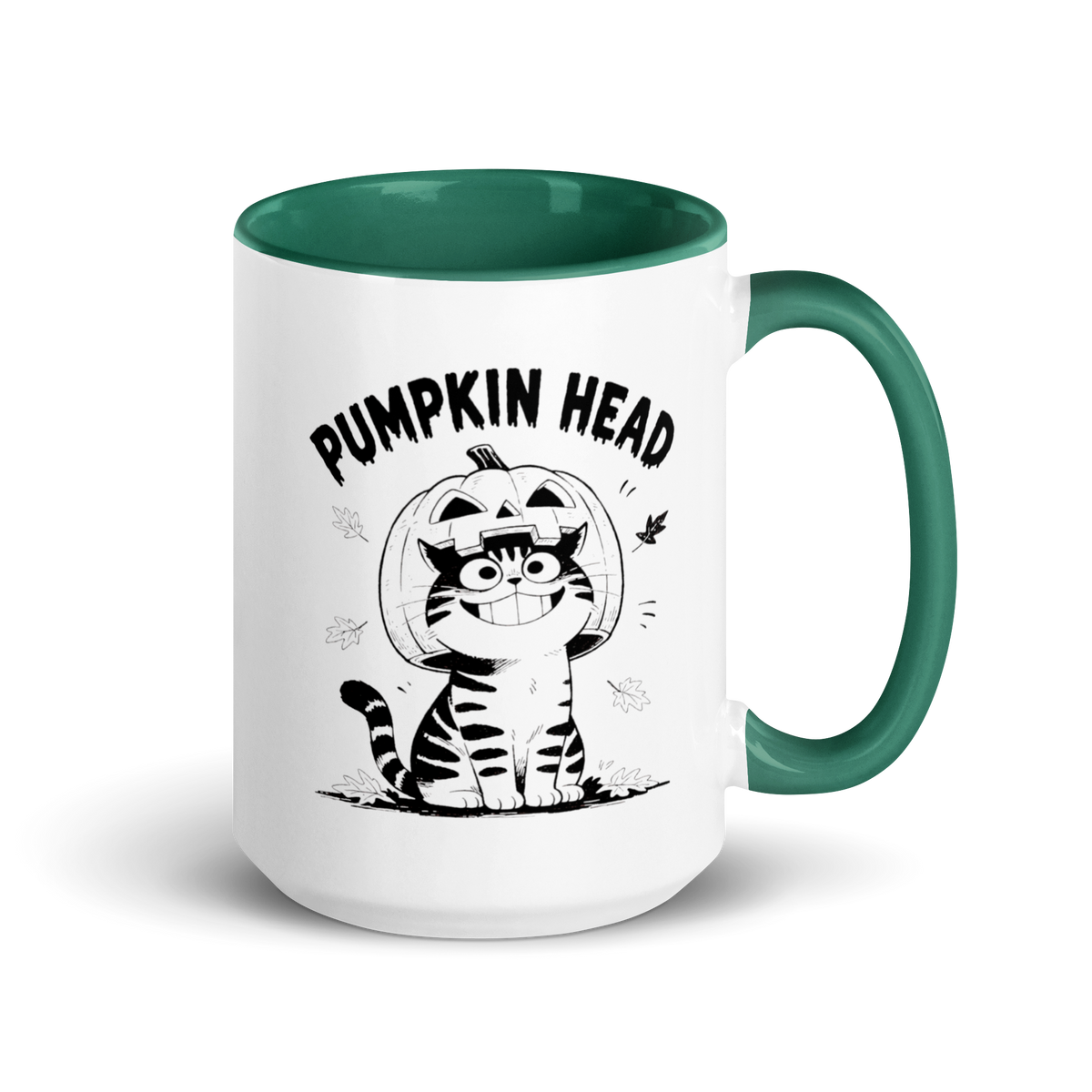 Pumpkin Head Colored Mug – Dark Green 15 oz, handle on right