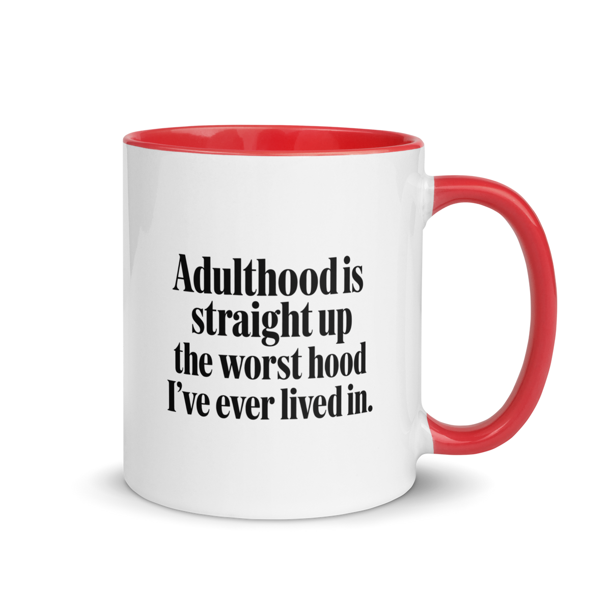 Adulthood Is the Worst Colored Mug – Red 11 oz, handle on right