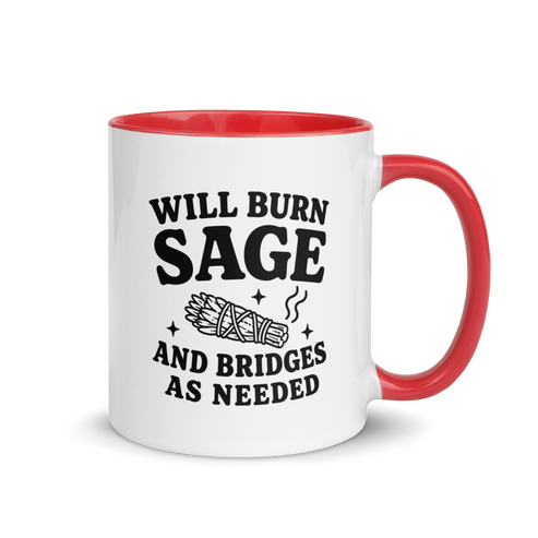 Will Burn Sage & Bridges as Needed Colored Mug – Red 11 oz, handle on right