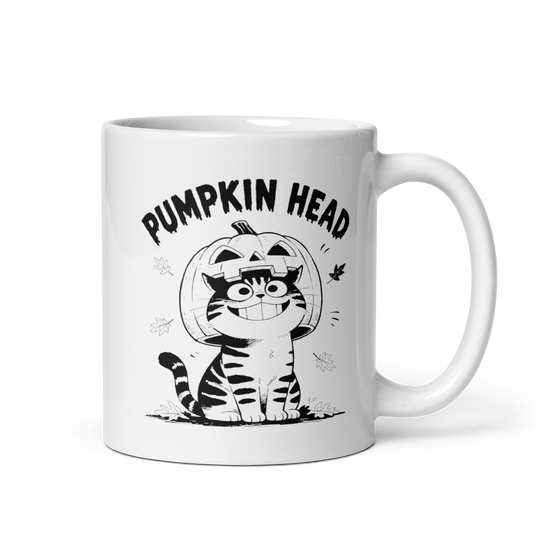 Pumpkin Head White Mug – 11 oz, handle on right