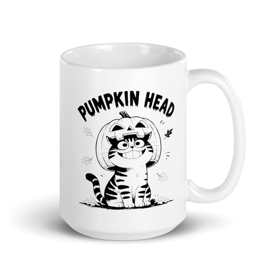 Pumpkin Head White Mug – 15 oz, handle on right