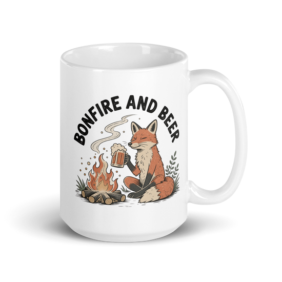 Bonfire and Beer White Mug – 15 oz, handle on right
