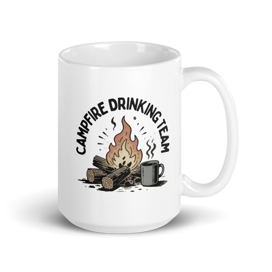Campfire Drinking Team White Mug – 15 oz, handle on right