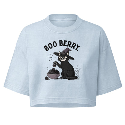 Boo Berry Crop Top in Light Washed Denim, front