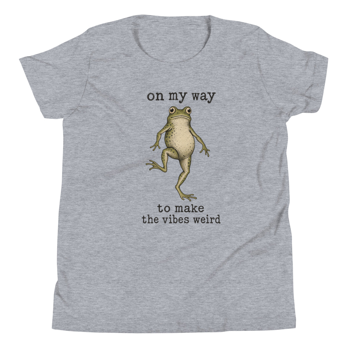 On My Way to Make the Vibes Weird Youth T-Shirt in Athletic Heather, front