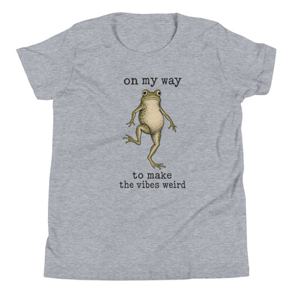 On My Way to Make the Vibes Weird Youth T-Shirt in Athletic Heather, front