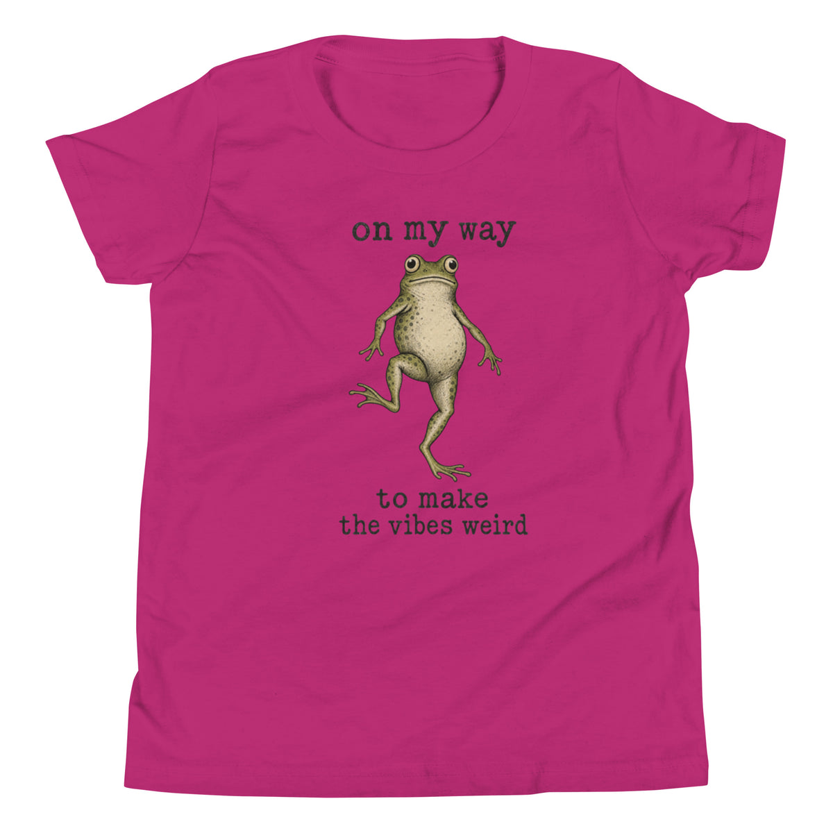 On My Way to Make the Vibes Weird Youth T-Shirt in Berry, front