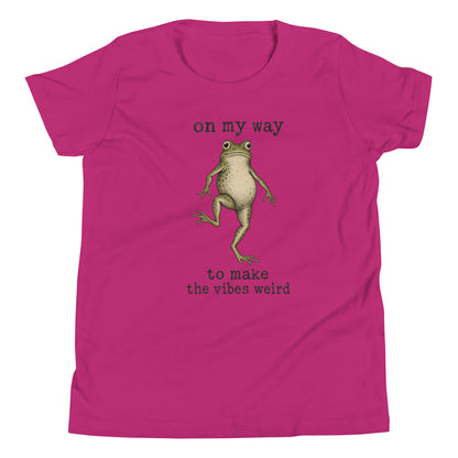 On My Way to Make the Vibes Weird Youth T-Shirt in Berry, front
