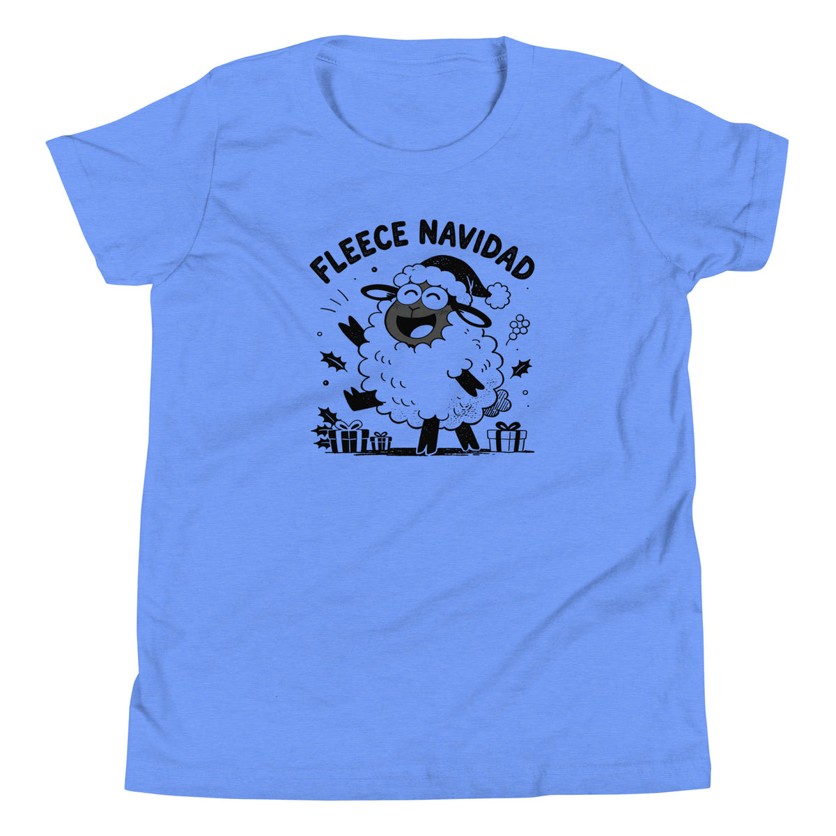 Fleece Navidad Youth T-Shirt in Heather Columbia Blue, front