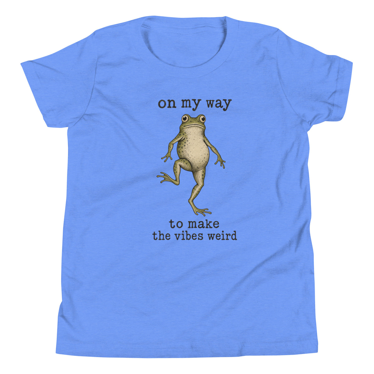On My Way to Make the Vibes Weird Youth T-Shirt in Heather Columbia Blue, front