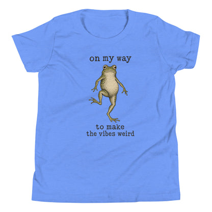On My Way to Make the Vibes Weird Youth T-Shirt in Heather Columbia Blue, front