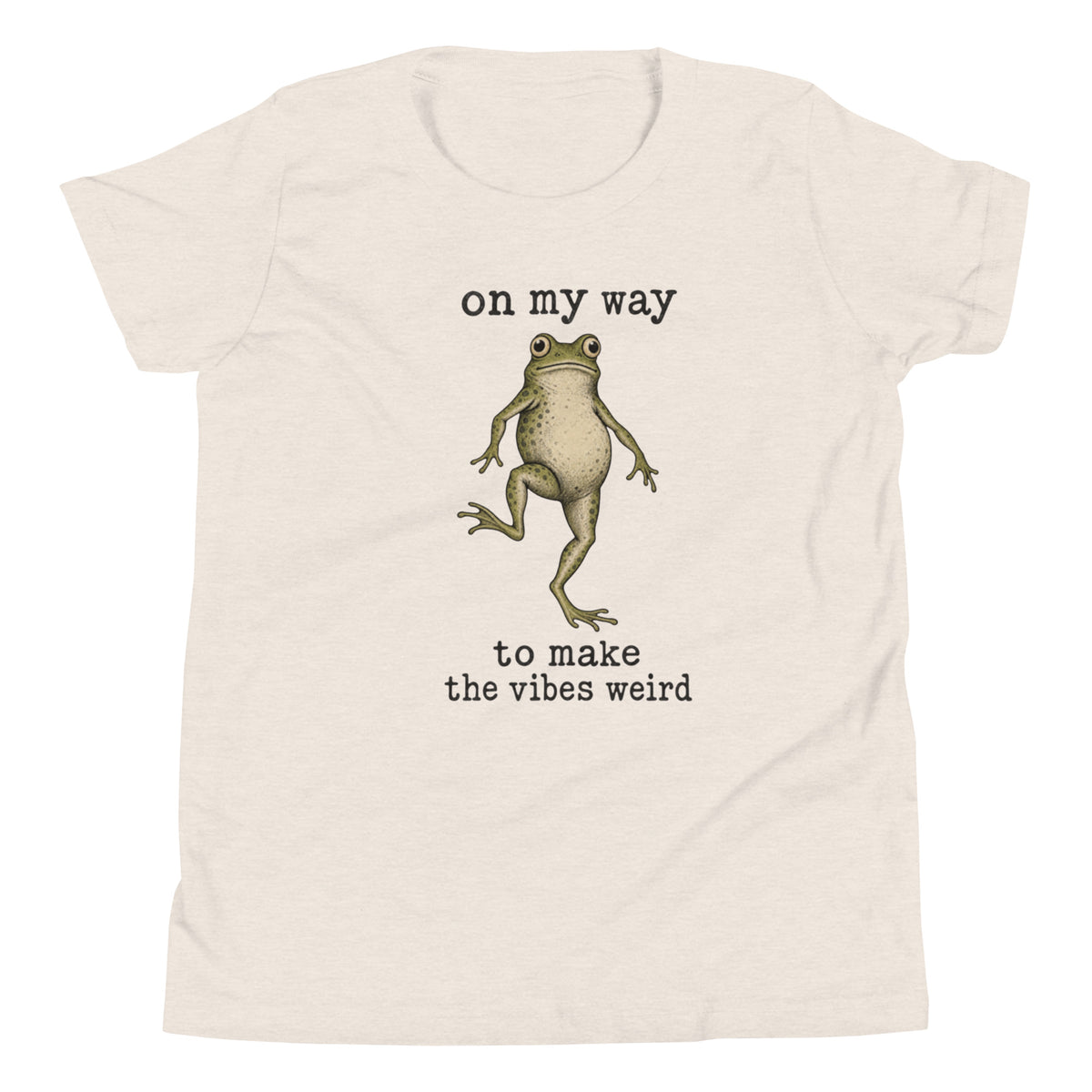On My Way to Make the Vibes Weird Youth T-Shirt in Heather Dust, front