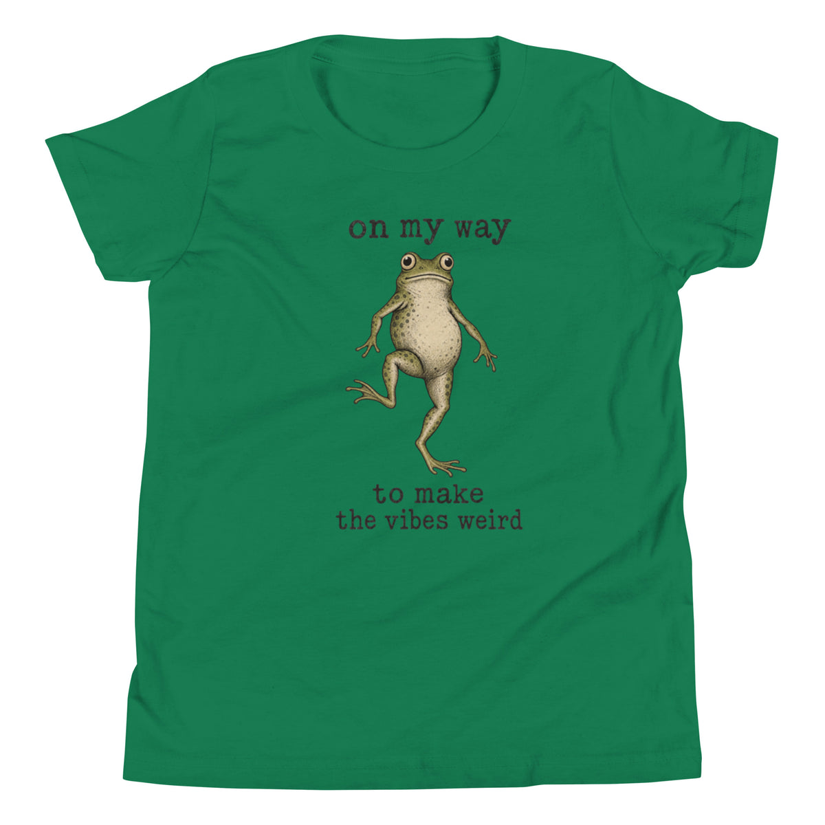 On My Way to Make the Vibes Weird Youth T-Shirt in Kelly, front