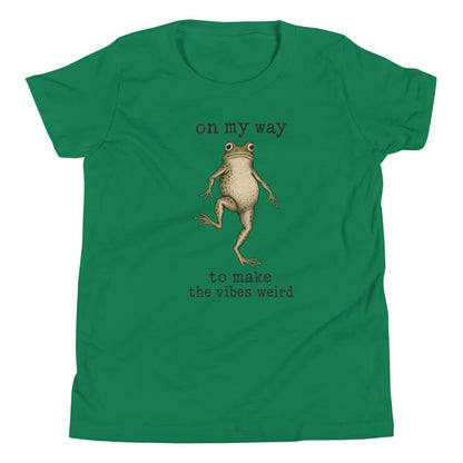 On My Way to Make the Vibes Weird Youth T-Shirt in Kelly, front