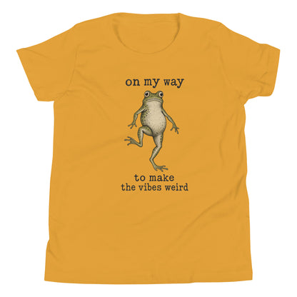 On My Way to Make the Vibes Weird Youth T-Shirt in Mustard, front