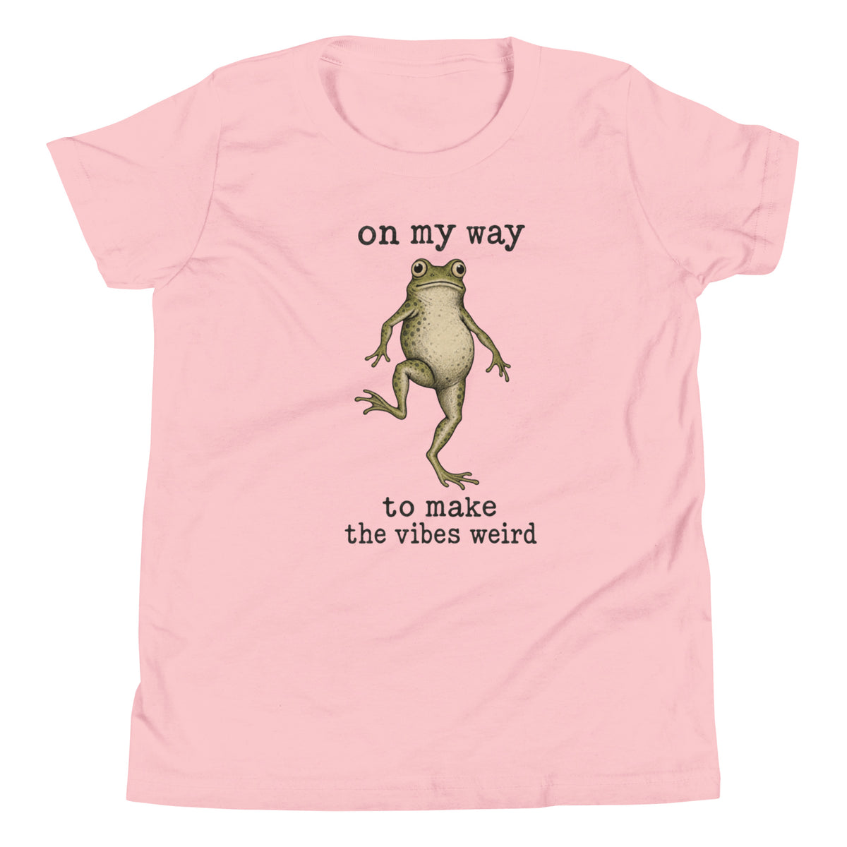 On My Way to Make the Vibes Weird Youth T-Shirt in Pink, front