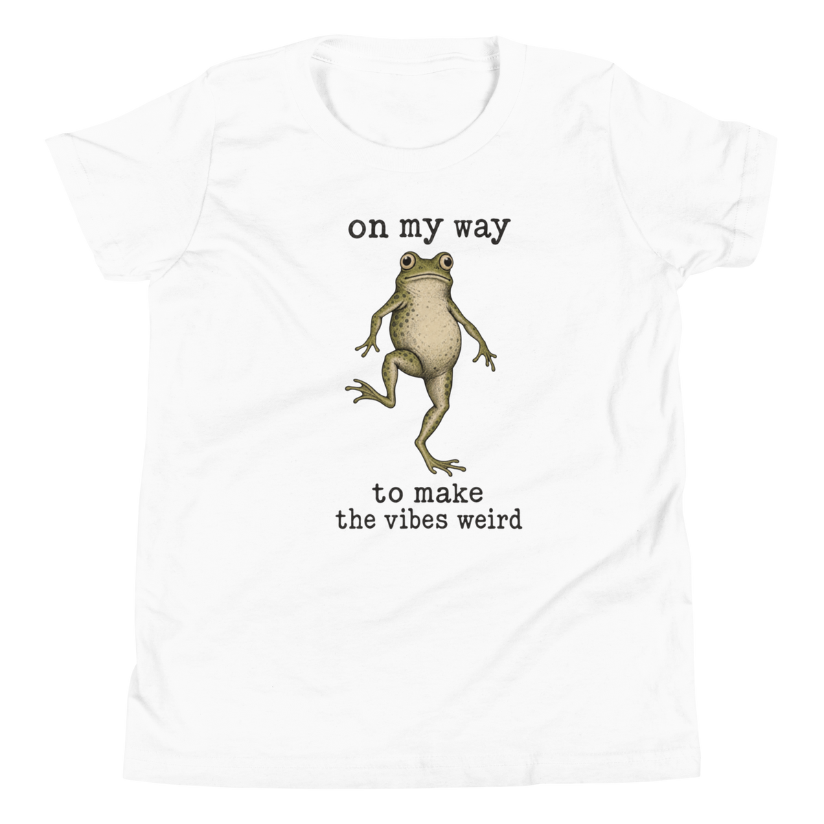 On My Way to Make the Vibes Weird Youth T-Shirt in White, front